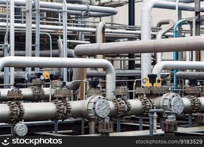 close-up of pipes and valves in petrochemical plant, created with generative ai. close-up of pipes and valves in petrochemical plant