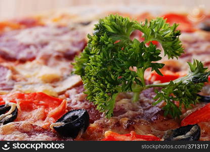 Close up of pizza with tomatoes, cheese, black olives and dill