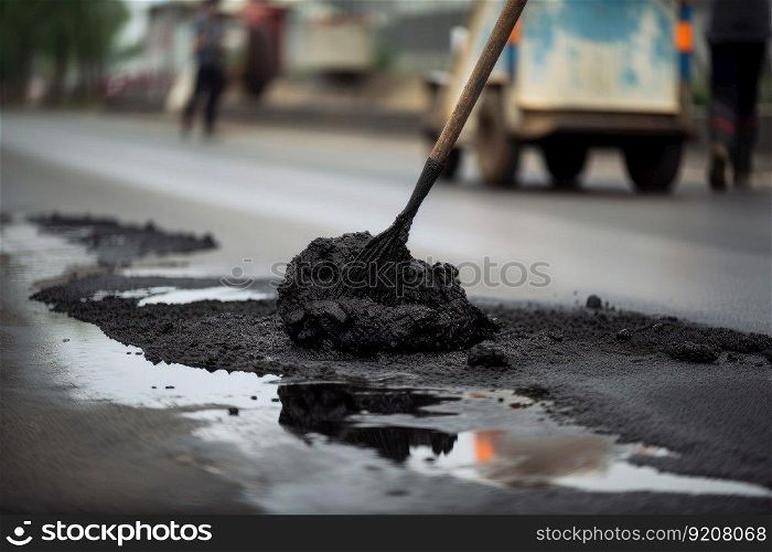 close-up of pothole being filled with asphalt mixture, created with generative ai. close-up of pothole being filled with asphalt mixture