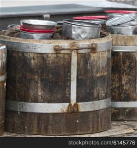 Close-up of pots in barrels, Centro, Dolores Hidalgo, Guanajuato, Mexico