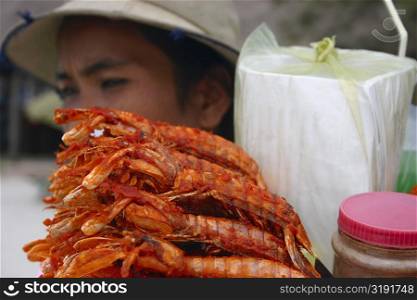 Close-up of prawns at a market stall, Siem Reap, Cambodia