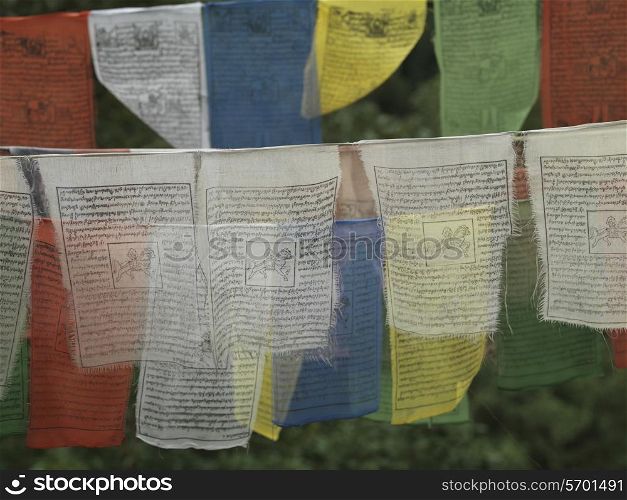 Close-up of prayer flags at Tango Goemba, Thimphu, Bhutan