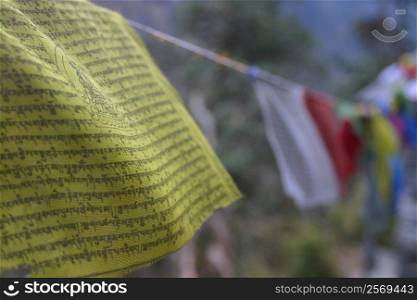 Close-up of prayer flags, Ghorapani, Annapurna Range, Himalayas, Nepal