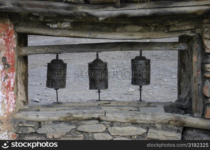 Close-up of prayer wheels, Muktinath, Annapurna Range, Himalayas, Nepal