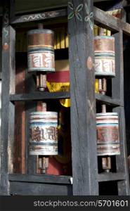 Close-up of prayer wheels, Thimphu, Bhutan