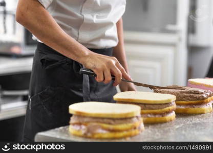 Close up of professional confectioner making a delicious cake in the pastry shop .. Close up of professional confectioner making a delicious cake in the pastry shop.