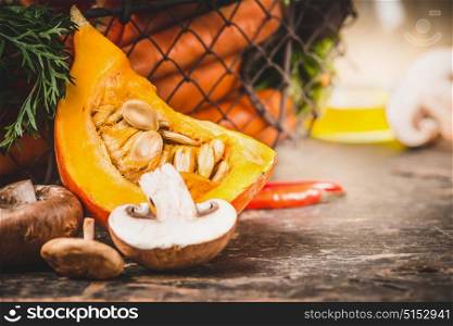 Close up of pumpkin preparation on kitchen desk table . Food background for Autumn cooking inspiration and Recipes