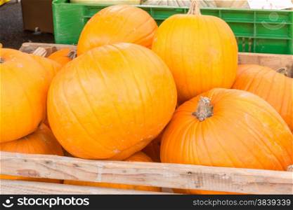 Close-up of pumpkins harvest in wooden bowl at market