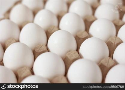 Close Up of raw chicken eggs in paper egg tray. Group of Fresh white Eggs in a cardboard cassette. Organic food from nature good for health. Close Up of raw chicken eggs in paper egg tray. Group of Fresh white Eggs in a cardboard cassette. Organic food from nature good for health.