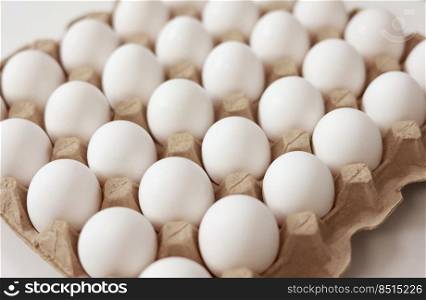 Close Up of raw chicken eggs in paper egg tray on white background. Group of Fresh white Eggs in a cardboard cassette. Organic food from nature good for health. Close Up of raw chicken eggs in paper egg tray on white background. Group of Fresh white Eggs in a cardboard cassette. Organic food from nature good for health.