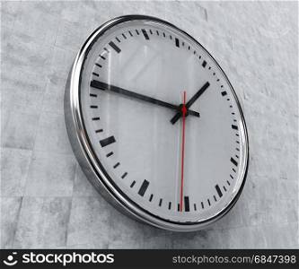 Close Up of Realistic Office Clock on Concrete Wall with Black anf Red Hands, Classic Clock Face with Focus on Center, Round Clock Hanging on the Wall, Time Abstract, Timing Concept, Clock Background