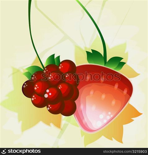 Close-up of red grapes with a strawberry
