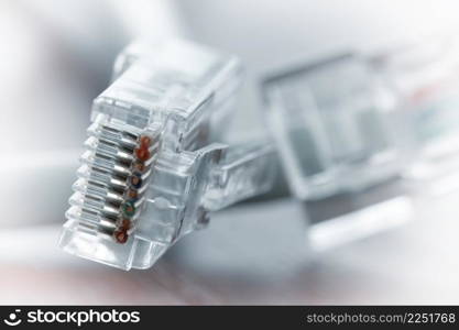 close up of RJ45 Plug Lan Network on wood desk