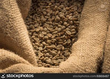 Close up of Roasted Green Coffee Beans in Burlap Sack
