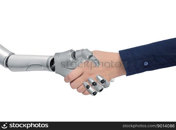 Close up Of Robot and Businessman Shaking Hands on isolated white background with clipping path, 3d render