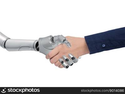 Close up Of Robot and Businessman Shaking Hands on isolated white background with clipping path, 3d render