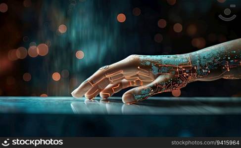 Close up of robot hand touching screen against bokeh background 3D rendering