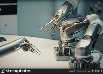 close-up of robot with tools and instruments for delicate medical procedures, created with generative ai. close-up of robot with tools and instruments for delicate medical procedures