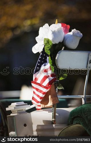 Close-up of rose flowers with an American flag on a horse drawn carriage