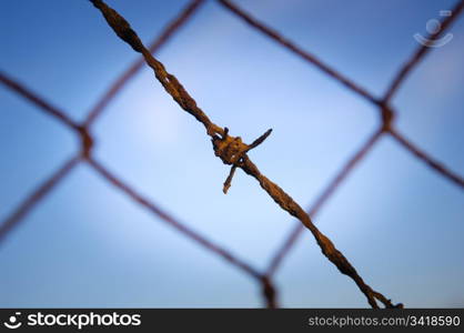 Close up of rusty, old barbed wire against a blue sky