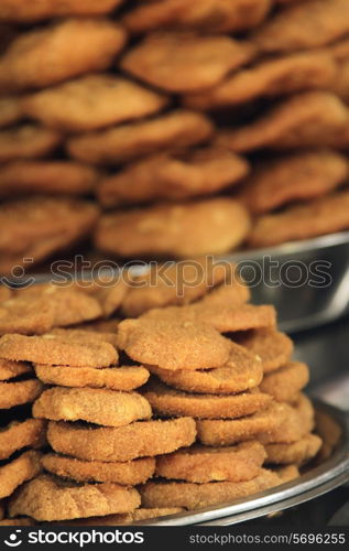 Close-up of salty biscuits in container