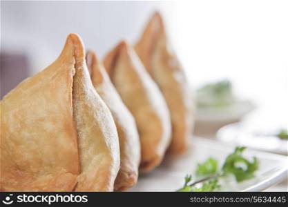 Close-up of samosas with parsley in plate