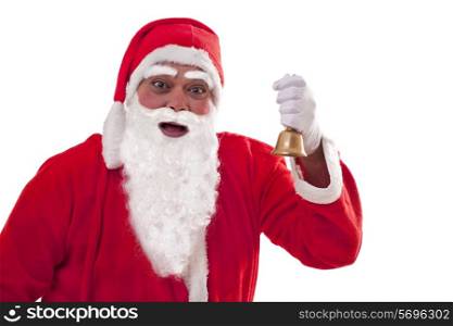 Close up of Santa Claus with bell over white background
