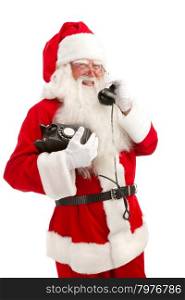 Close-up of Santa speaking on the phone .