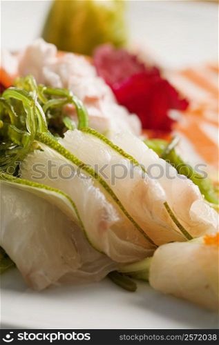 Close-up of seafood salad in a plate