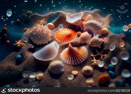 Close-Up Of Seashells Underwater.  Generative AI 
