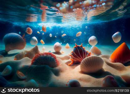 Close-Up Of Seashells Underwater.  Generative AI
