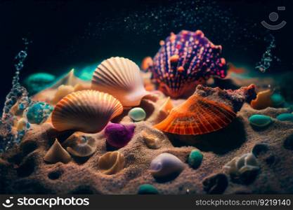 Close-Up Of Seashells Underwater.  Generative AI 