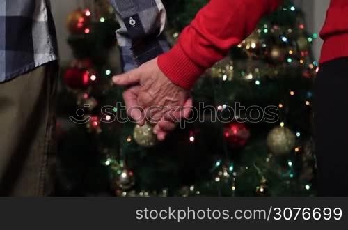 Close up of senior couple in love holding hands expressing love and support against Christmas tree lights background. Back view of elderly married couple holding hands in front of Christmas tree.