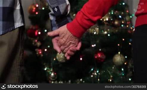 Close up of senior couple in love holding hands expressing love and support against Christmas tree lights background. Back view of elderly married couple holding hands in front of Christmas tree.