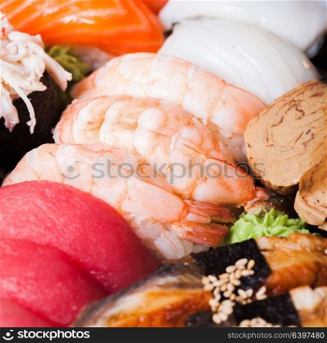Close up of set of different sushi. Set of sushi