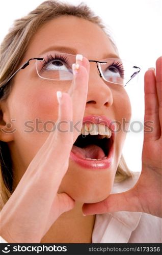 close up of shouting businesswoman on an isolated white background