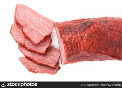 Close up of Slices beef on plate isolated on white
