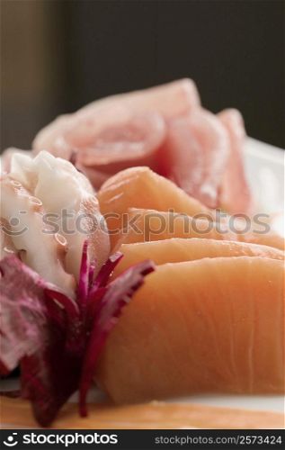 Close-up of slices of prepared fish
