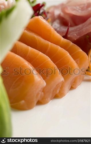 Close-up of slices of prepared fish