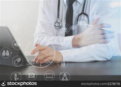 close up of smart medical doctor working with digital tablet computer and stylus pen and stethoscope on dark wooden desk with virtual icon diagram