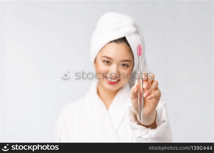 Close up of Smile woman brush teeth. great for health dental care concept, Isolated over white background. asian. Close up of Smile woman brush teeth. great for health dental care concept, Isolated over white background. asian.