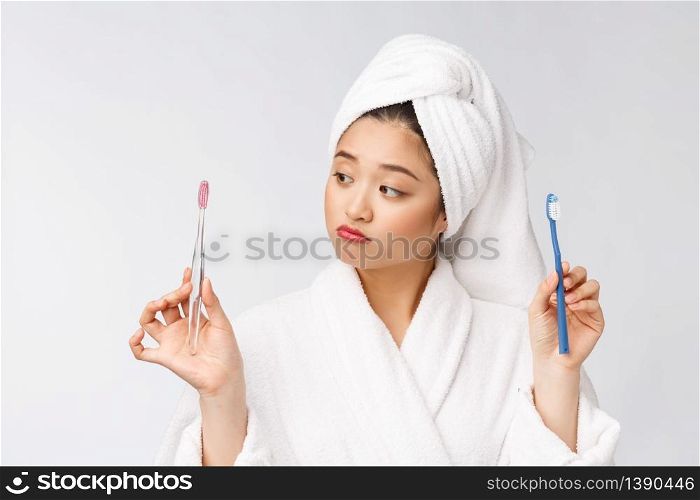 Close up of Smile woman brush teeth. great for health dental care concept, Isolated over white background. asian. Close up of Smile woman brush teeth. great for health dental care concept, Isolated over white background. asian.