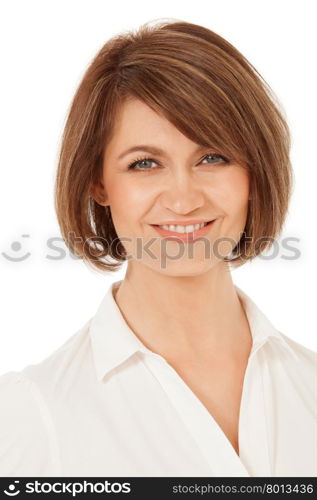 Close-up of smiling adult woman with short hair against of white background. Isolated.. Studio shot of attractive adult woman