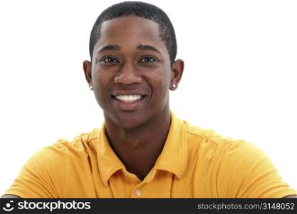 Close up of smiling man in yellow shirt over white background.