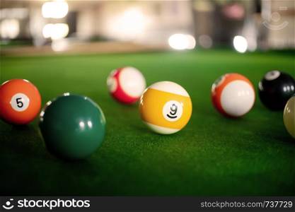 close up of snooker game on a table.