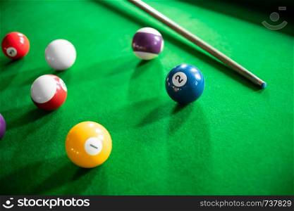 close up of snooker or billiard game on a table.