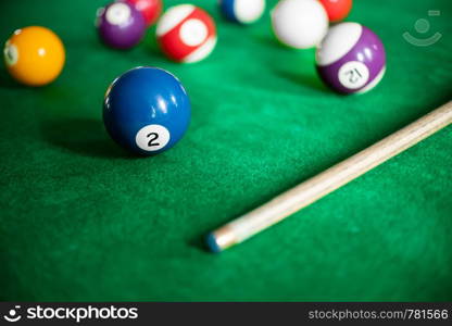 close up of snooker or billiard game on a table.