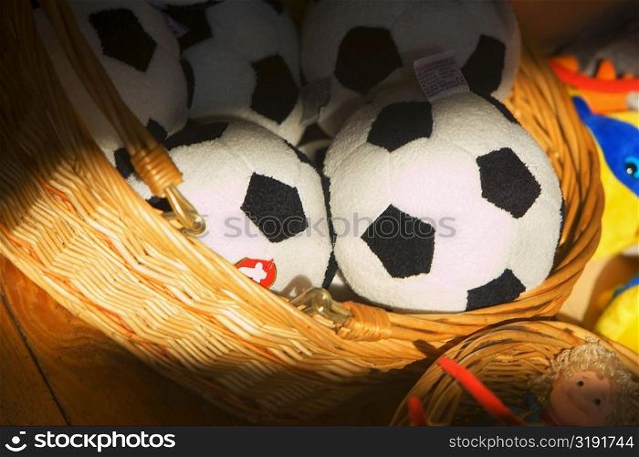 Close-up of soccer balls in a basket