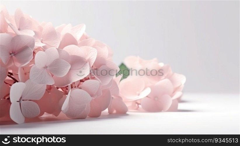 Close up of soft pink hydrangeas on a light gray background with copy space. Created using AI Generated technology and image editing software.