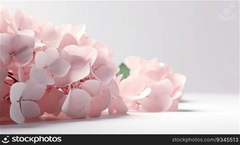 Close up of soft pink hydrangeas on a light gray background with copy space. Created using AI Generated technology and image editing software.
